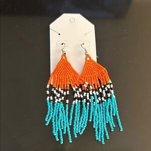 Vibrant Orange & Turquoise Beaded Fringe Earrings